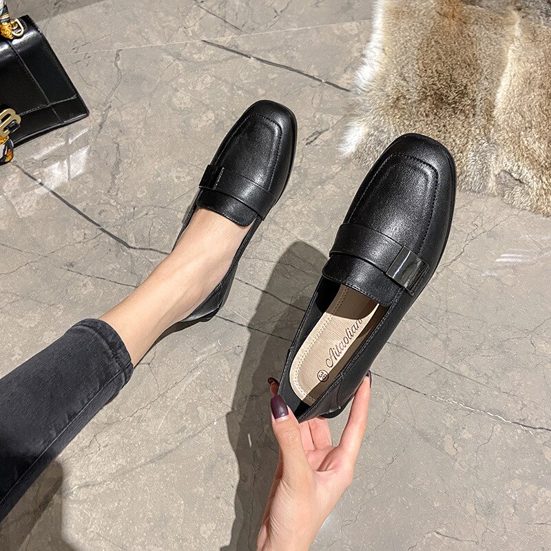 Zapatos planos con punta redonda y plataforma para mujer, mocasines suaves y poco profundos con piel, informales, para otoño,