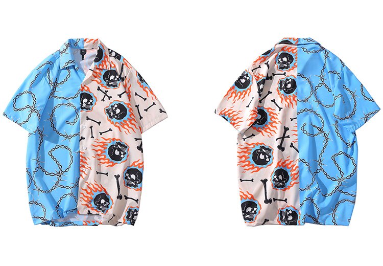 LENSTID Hip Hop Fire Skull Chain Print Shirt Streetwear Harajuku Men Hawaiian Beach Shirt HipHop Summer Short Sleeve Shirts: Blue / Asian XXL