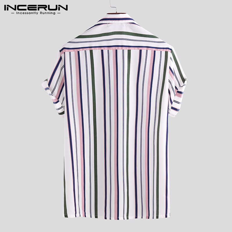 INCERUN Men Striped Shirts Short Sleeve Lapel Neck Dress Shirts Man Button Up Blusas Breathable Camisa Streetwear S-5XL