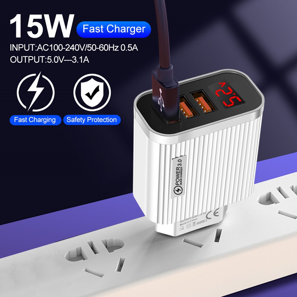 3 porty 5V 3.1A ładowarka USB szybka ładowarka z cyfrowym wyświetlaczem LED dla iPhone 12 11 XS Samsung Xiaomi telefon szybkie ładowanie