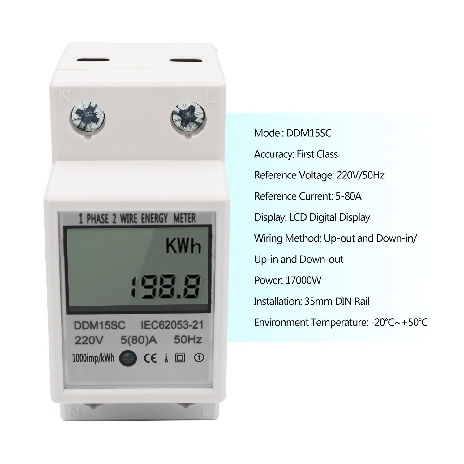 LCD Digital Display Single Phase DIN-Rail Energy Meter 5-80A 220V 50Hz Electronic KWh Meter Power Consumption Monitor DDM15SC