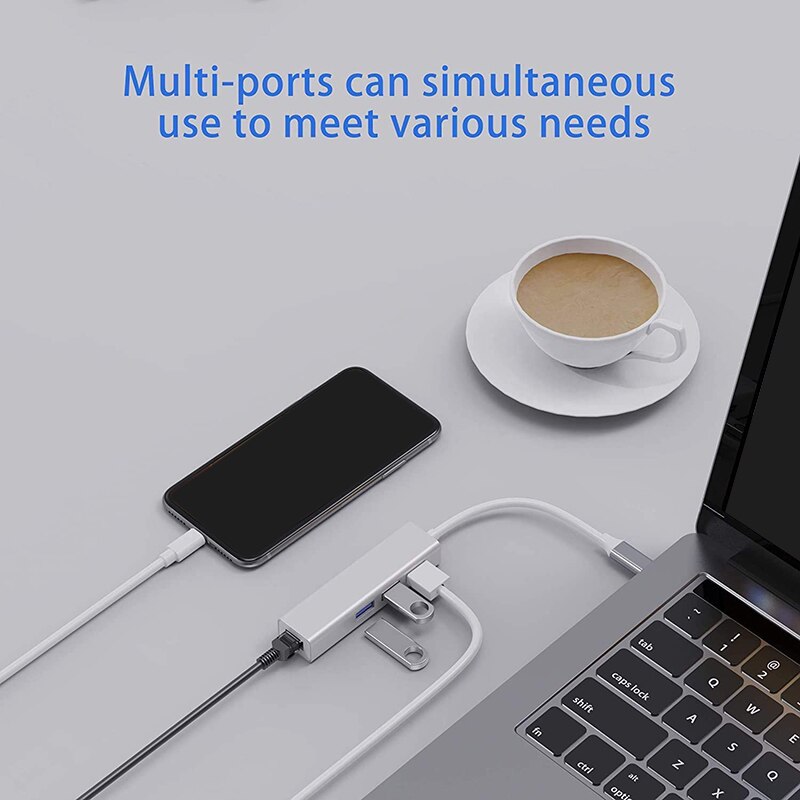 USB-C to Ethernet Adapter with 3 USB Port, Type C Hub with RJ45 Ethernet Network MUltiport 4-In-1 (A, Silver)