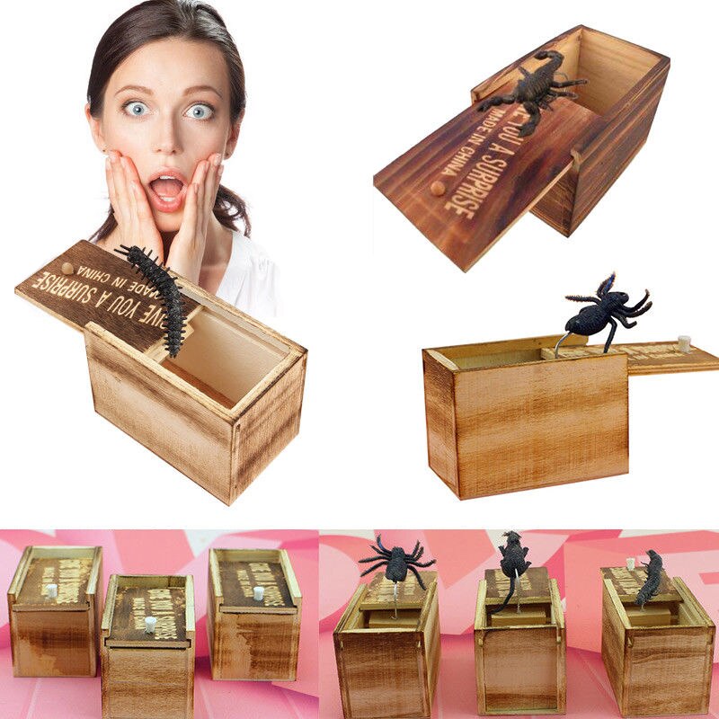 Funny Scare Box Wooden Prank Spider Hidden In Case Prank-Wooden Scarebox Interesting Novelty Play Trick Joke Toys Halloween