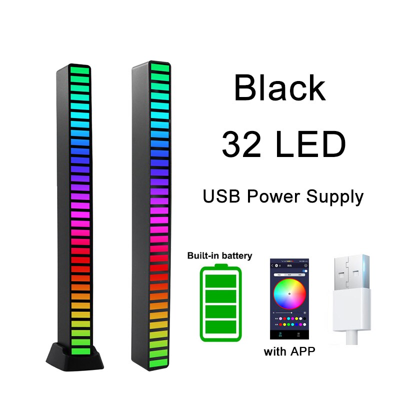 Lumières LED colorées de contrôle du son, rvb, contrôle par application, lumière de ramassage de rythme de musique, DJ Disco, voiture, TV, ordinateur de bureau, décoration: Black battery APP
