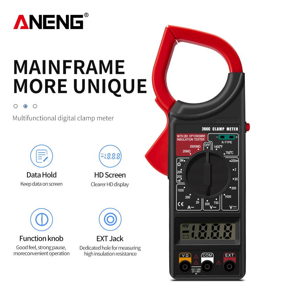 ANENG 266C Digital Current Clamp Meter Buzzer Data Hold Non-contact True RMS AC/DC Multimeter Ohm Ammeter Tester