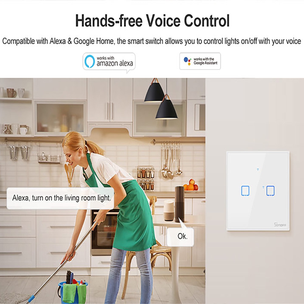 SONOFF T2 UE/Reino Unido 1/2/3/banda Wifi Panel de pared luz enchufe interruptor RF de 433mhz /Touch/eWelink Control remoto inalámbrico Google Alexa