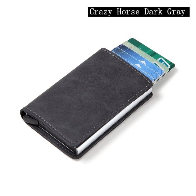 Mænd automatisk kreditkortholder kulfiber læder tegnebog aluminium mini tegnebog med baglomme id-kort rfid blokerende pung: Skør hest grå