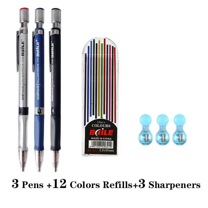 Student Office 2.0 Mechanical Pencil Triangular Non-slip Grip 12 Color Pencil Lead Drawing With Sharpener: 3Pens color-leads