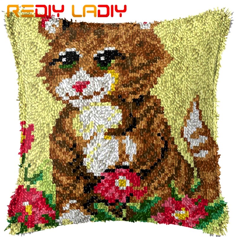 Spärrkrok kudde katt med blommor örngott tryckt färg canvas akryl garn låst krok kudde virkade kuddfodral kit