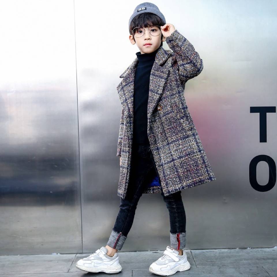 Lange Wollen Jas Voor Jongens Plaid Jassen Dikke Jongen Wollen Winterjas Kids Snowsuit Jongen Blends Jassen Kinderen Jas Baby jongen Kleding: Grijs / 14