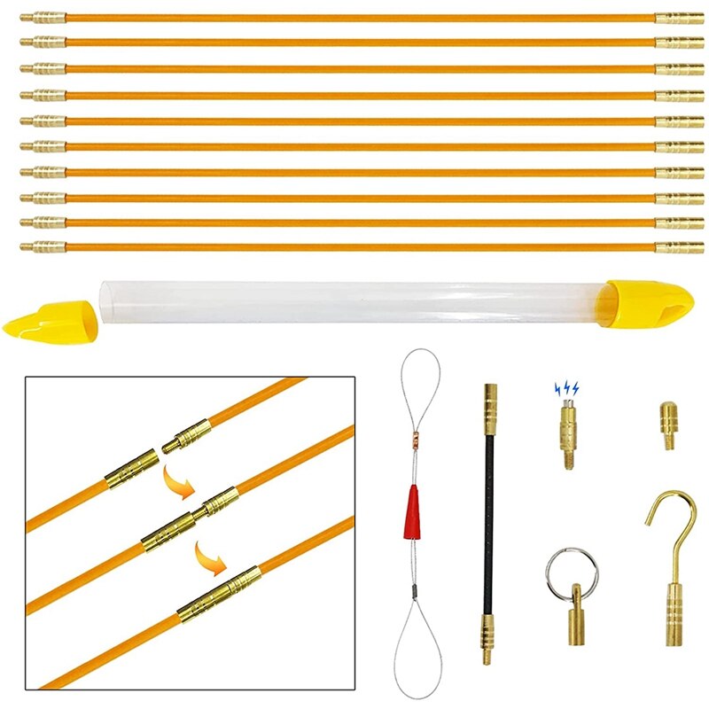 JFBL 12.59FT Fiberglass Running Wire Puller Grip Fish Tape Push Pull Rod Fish Tape Pull Fiberglass Rod With Fastener Hook