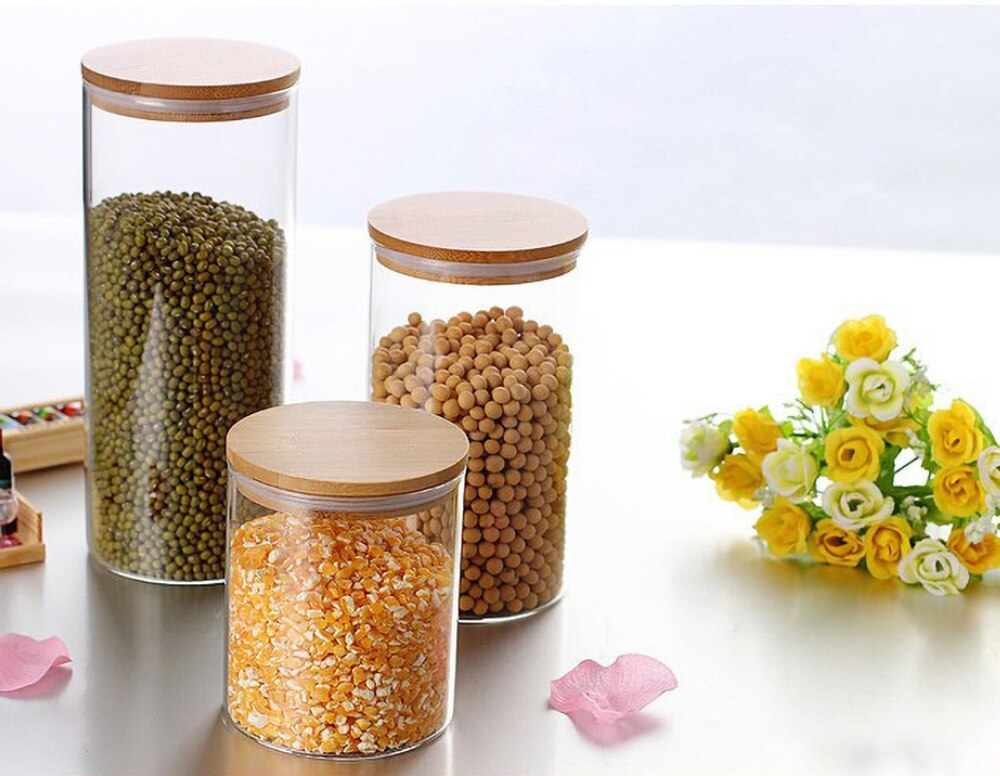 Glass Food Storage Jars, Kitchen Food Container Jar With Bamboo Lids