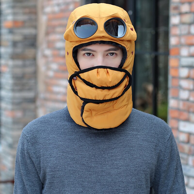 Winter Warme Muts Met Bril Multifunctionele Lei Feng Hoed Koude-Proof Plus Fleece Hat Riding Warm Katoenen Muts Winddicht nek Hoed: men yellow