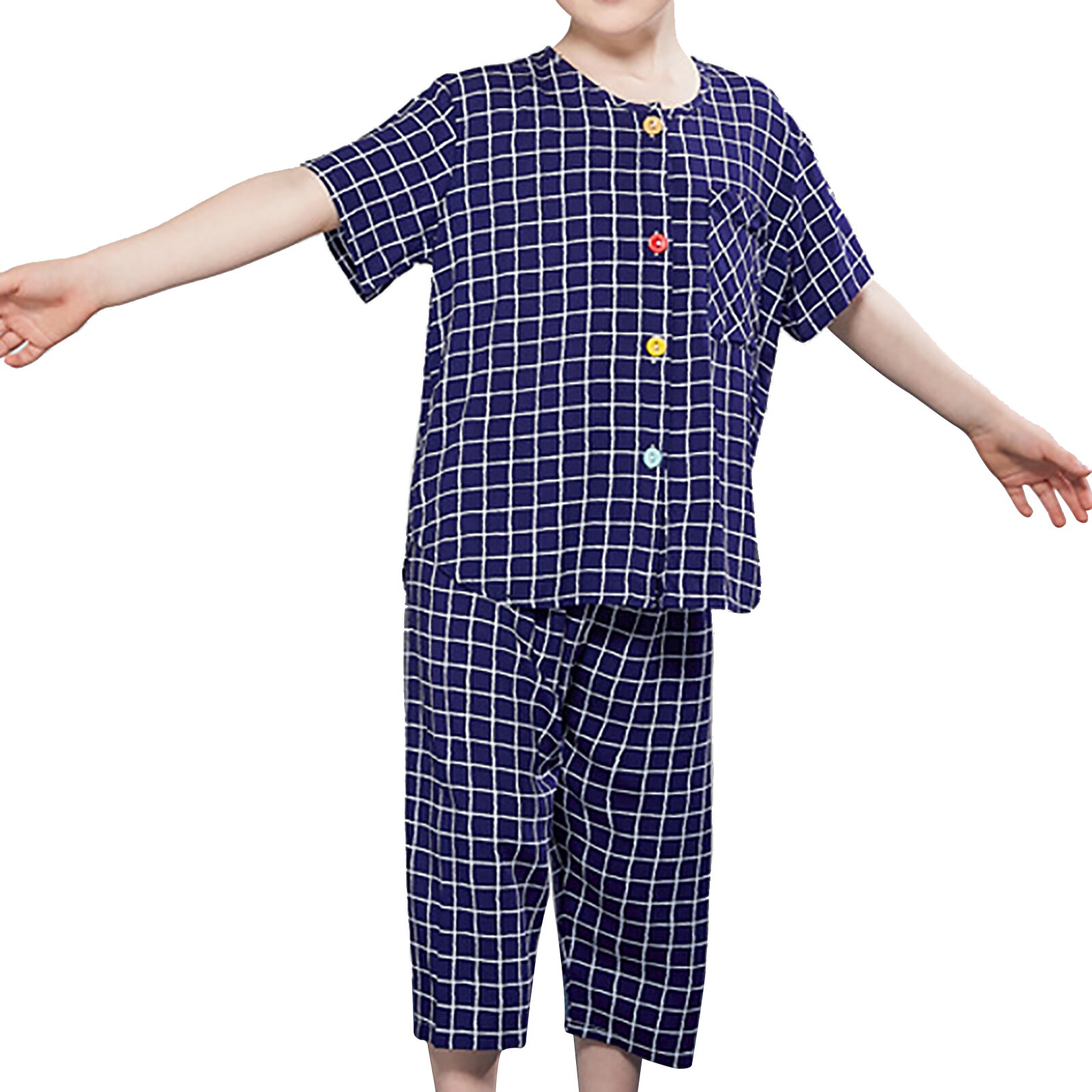 Unisex Baby Nachtkleding Kids Jongens Meisjes 2 Stuk Pyjama Set Kids Katoen Slaap Shirt Broek Pyjama Set Plaid Homewear Loungewear: Navy Blue / 110