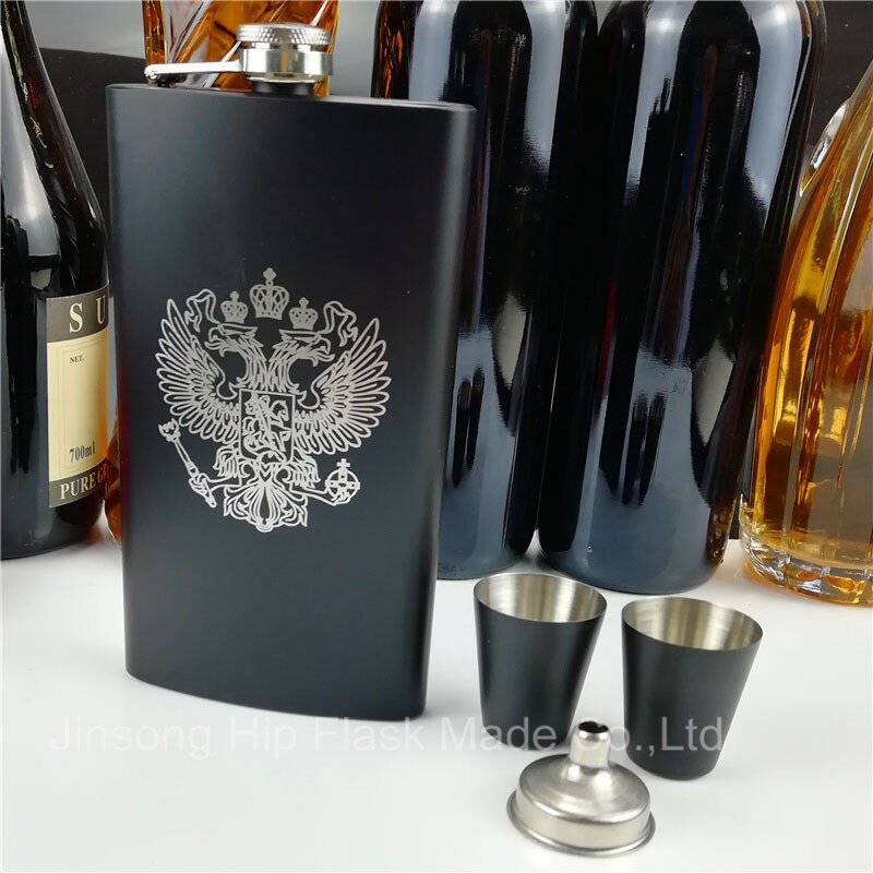 Lead -free 12oz whiskey flask stainless steel flask ,black and silver: black with cup