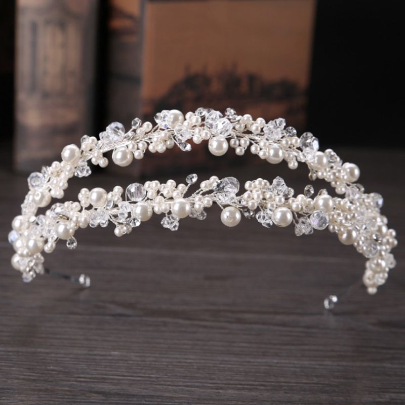 Diadema de novia Tiara nupcial corona hecha a mano perla doble capa boda tocados