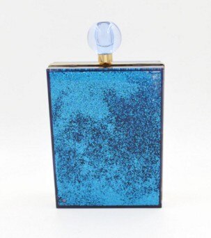 Minaudiere transparent, petit sac à main de luxe pour les femmes,en acrylique,avec cristaux et straps à chaine unique,disponible en plusieur couleurs: perfume bottle blue