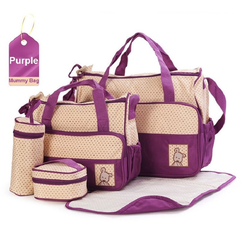 5 unids/set bolsa para pañales de cochecito mami bolsa de gran capacidad bolso de pañales cambiando Pad para el cuidado del bebé con 8 colores: Purple