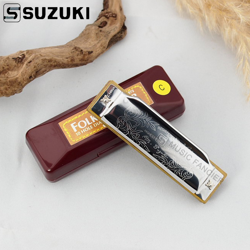 SUZUKI Harmonica Silver 1072 FolkMaster Harp Diatonic Harmonica10 Hole Blues Gaita Musical Instrument [C, A, B, D, E, F, G]