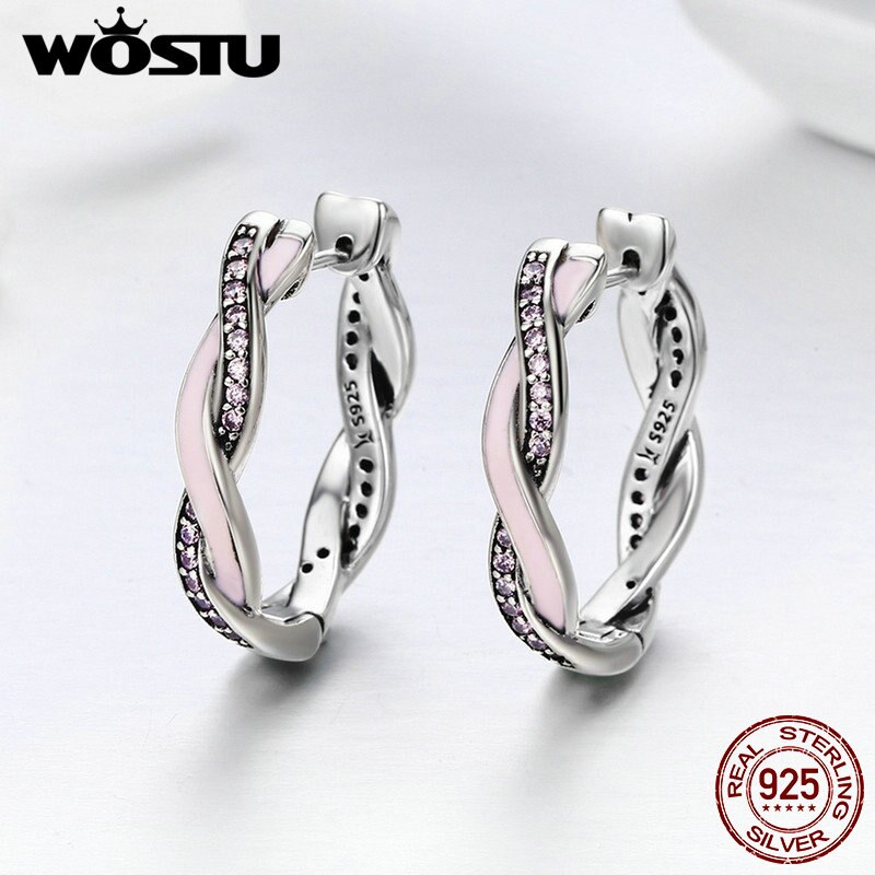 WOSTU Authentische 100% 925 Sterling Silber Rosa & klar CZ Twist Von Schicksal Band Ohrringe für Frauen Ohrringe Schmuck BKE297