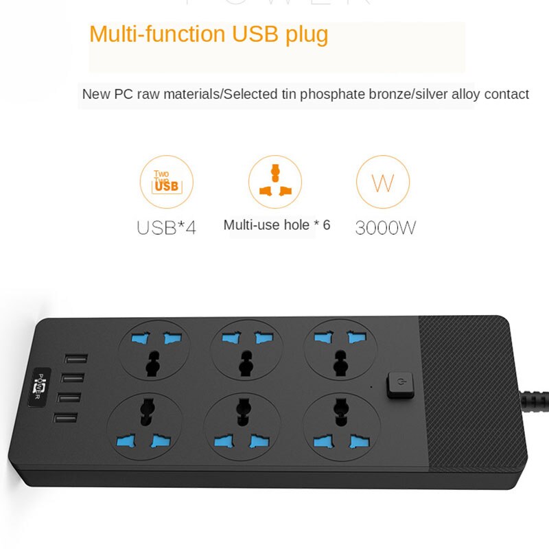 Surge Protector Power Strip with USB 6 Outlets 4 USB Ports Extension Cord for iPhone iPad Tablet PC Home Office Travel