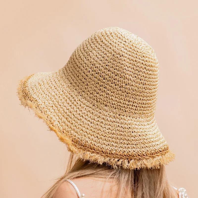 Chapéu de palha de crochê para mulheres verão artesanal oco panamá ráfia papel borla borda praia chapéus uv proteger dobrável viseira de sol