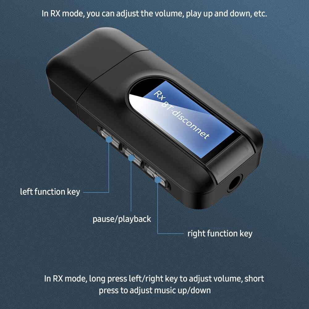 BT 5.0 Audio Adapter 2-in-1 Receiver&Transmitter Adapter with LCD Visual Display Plug and Play Wide Compatibility Black