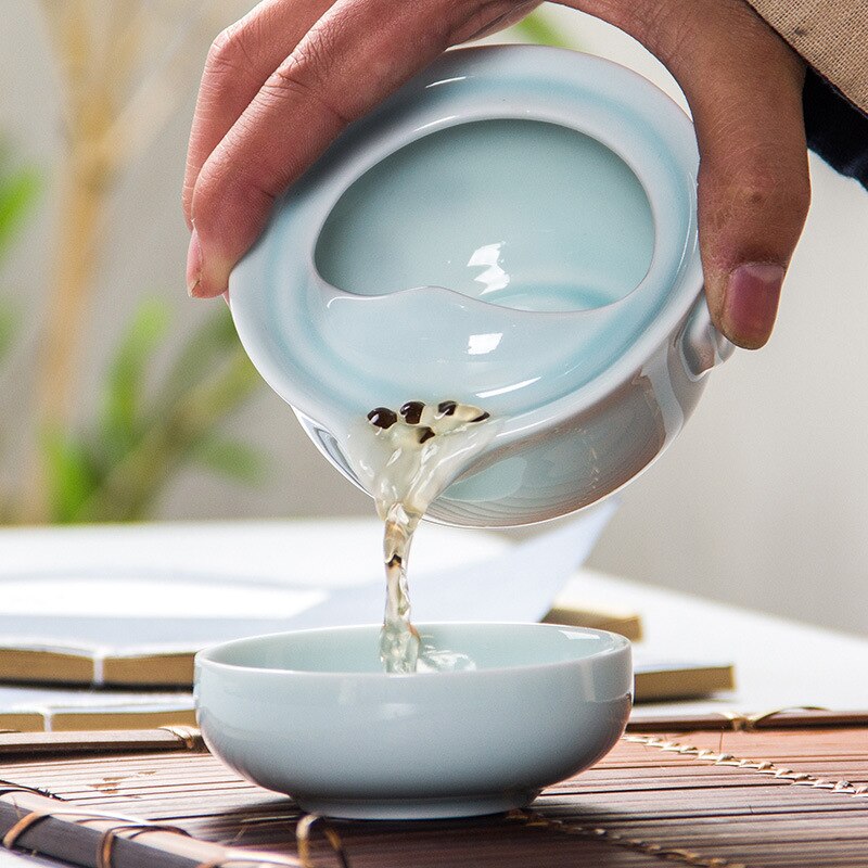 Celadon 3D Carp Travel tea set,Blue gaiwan tea set,Kung Fu Tea set Include 1 TeaPot 1 Cup,Beautiful and easy teapot