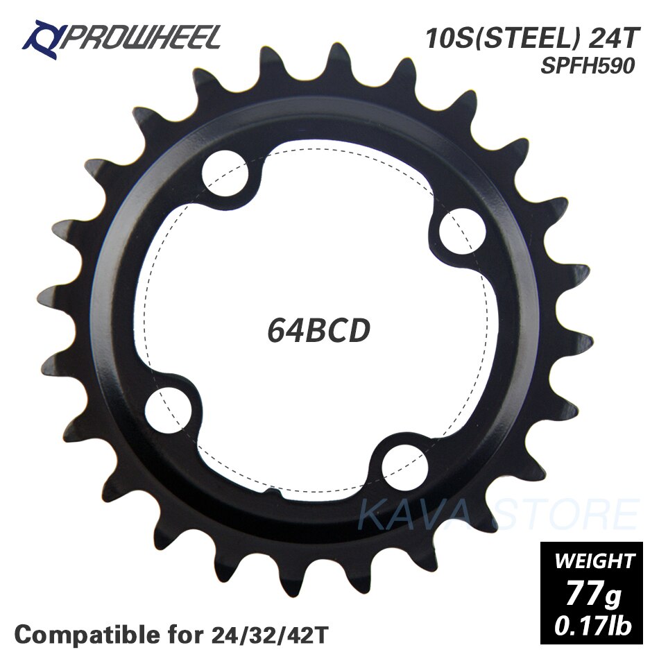 PROWHEEL Round Chainring 64/96/104BCD Mountain Bike Chainwheel 22/24/30/32/40/42/44T Crankset steel al Alloy Tooth plate Parts: 10S 24T Steel 64BCD