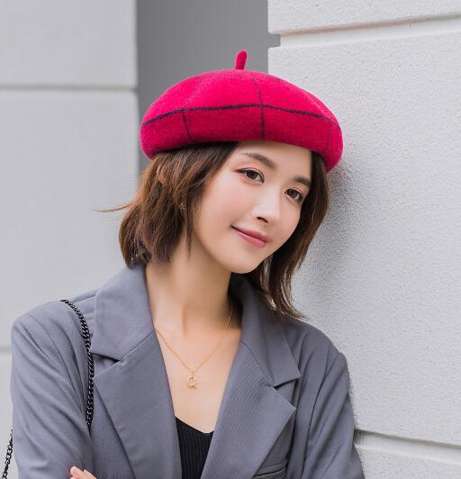 Boinas de invierno a cuadros para mujer Vintage de lana de punto sombreros femeninos estilo británico gorro de señora gorro de pintor sombreros de niña boina: Red