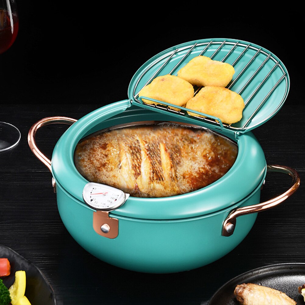 Japonês tempura panela fritura profunda com tampa termômetro de aço inoxidável cozinha fritadeira panelas