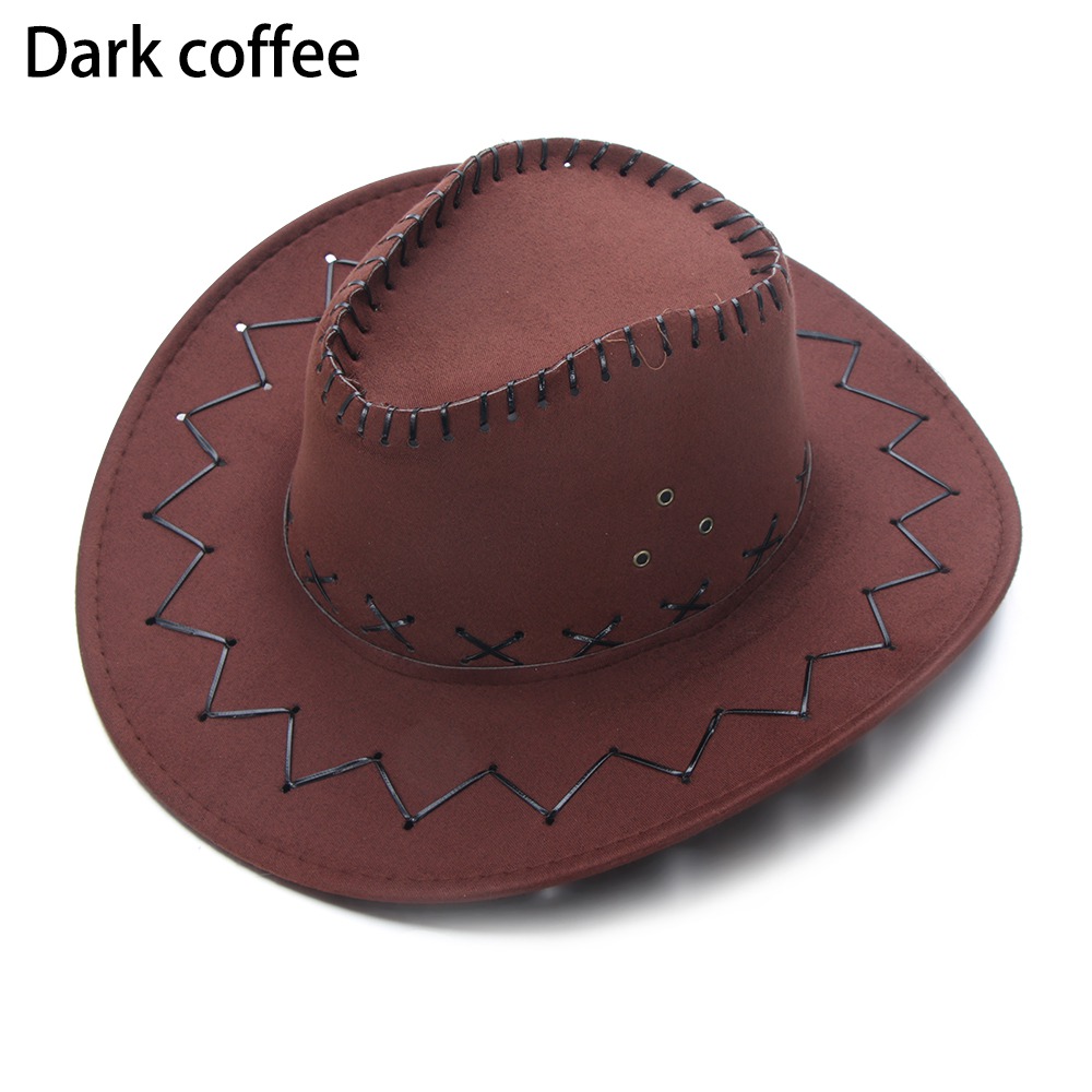 1pc vintage cowboy jazzhat western stil ruskind bredskygge jazz filt fedora kasket fancy dress tilbehør til mænd kvinder: Mørk kaffe