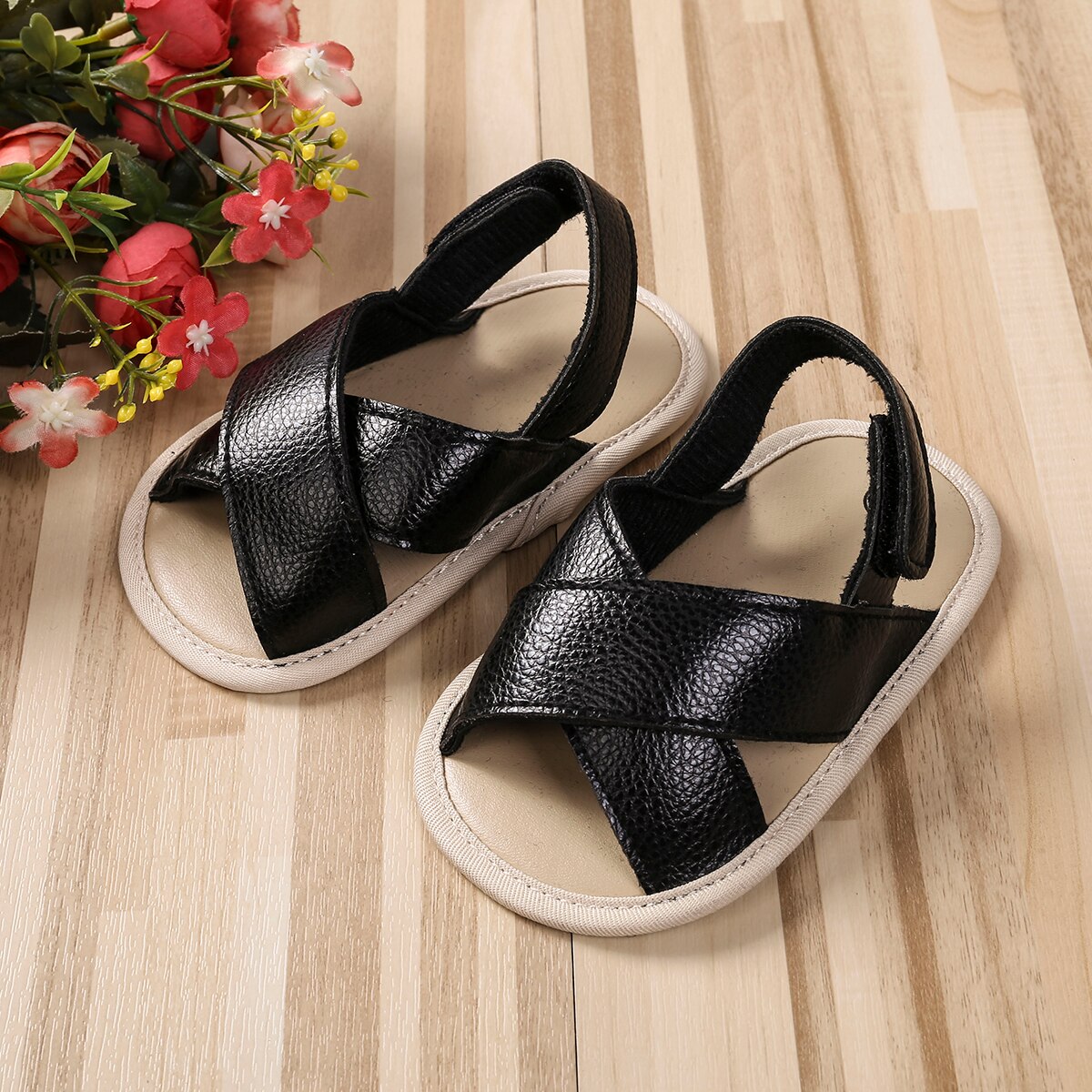 0-12M PU Bandage cross Mini Sandal Kids Sandals Girls Shoes Girl Kids Beach Breathable Sandals Children's: Black / 0-6 Months