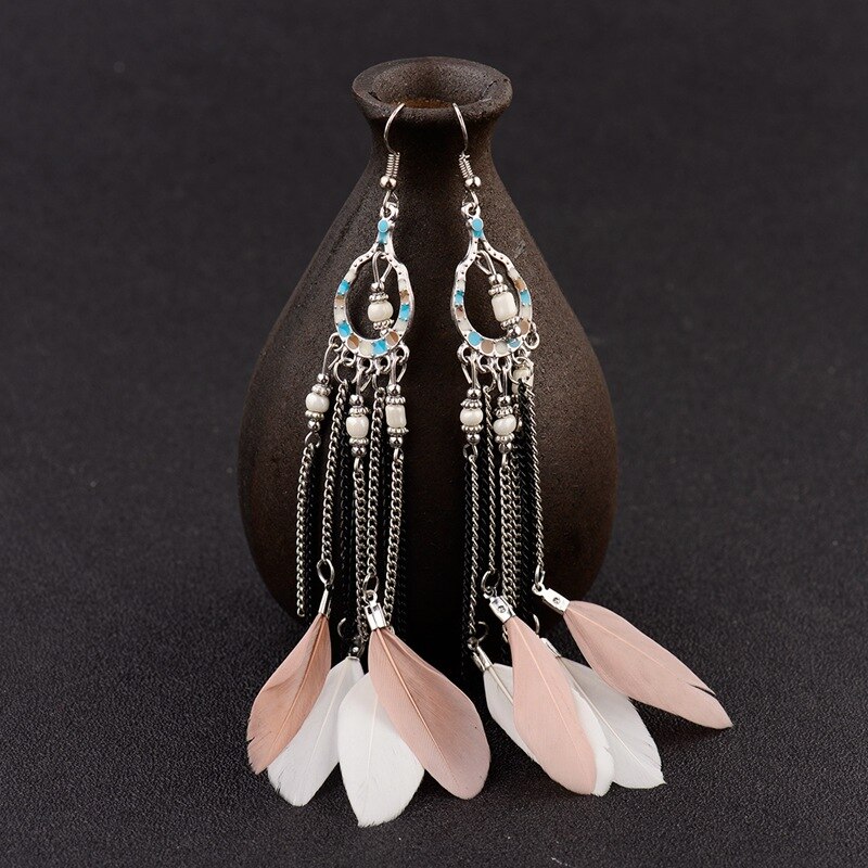 Ethnic Blue Feather Long Earrings For Women Gypsy Jhumka Jhumki Chain Indian Beads Earrings Handmade Oorbellen HXE058