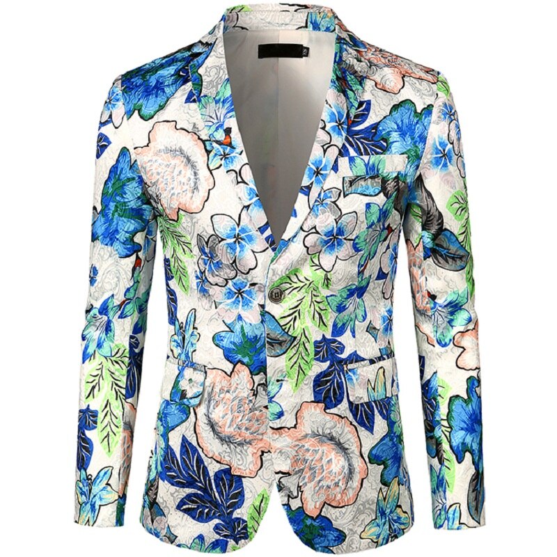 Män casual blomma tryckt slimmad kavaj vintage jacka män lyx formell bröllopsklänning scen kostymer för sångare: Vit / S