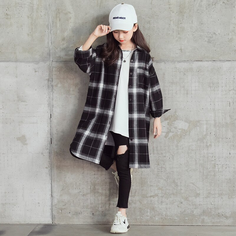 Teen Girls Long Sleeve Plaid Long Shirts Spring Autumn Kids Girl Outfit