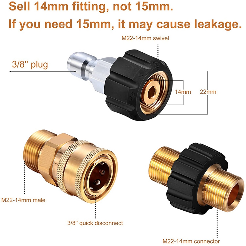 3 Pieces Brass Pressure Washer Adapter Set 14 Mm 3/8 Inch Quick Hose Plug For Pressure Washer Garden Hose Connection