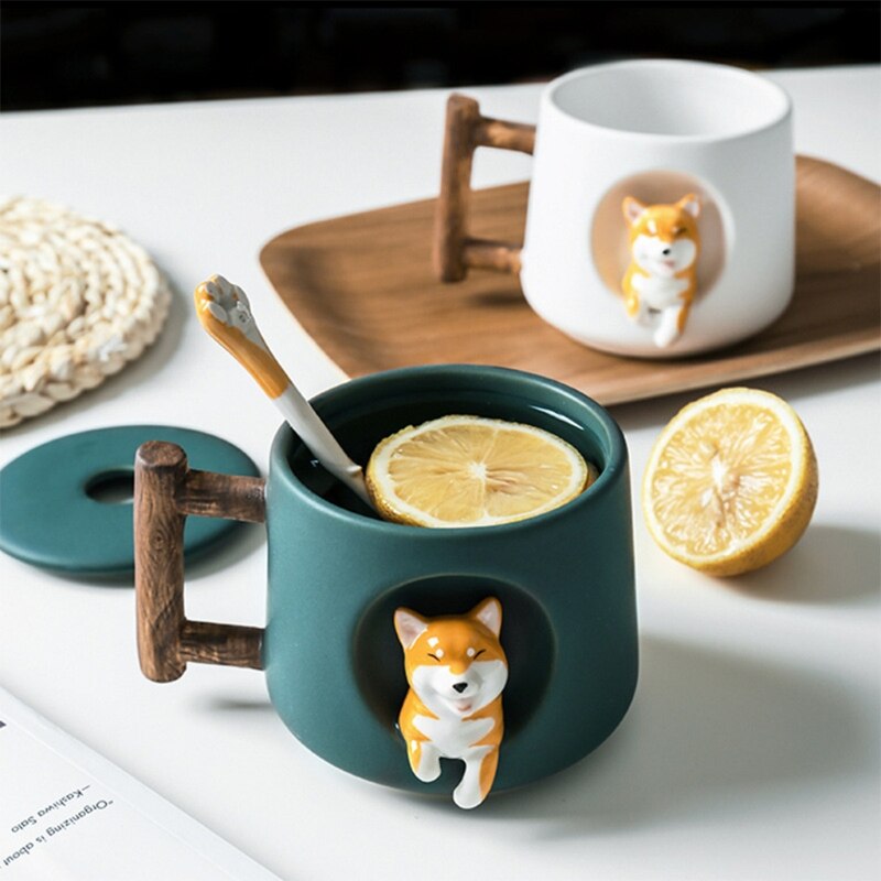 Taza de cerámica con dibujos de animales Shiba Inu para hombre y mujer, creativa, pareja con tapa, cuchara para beber, taza de agua café