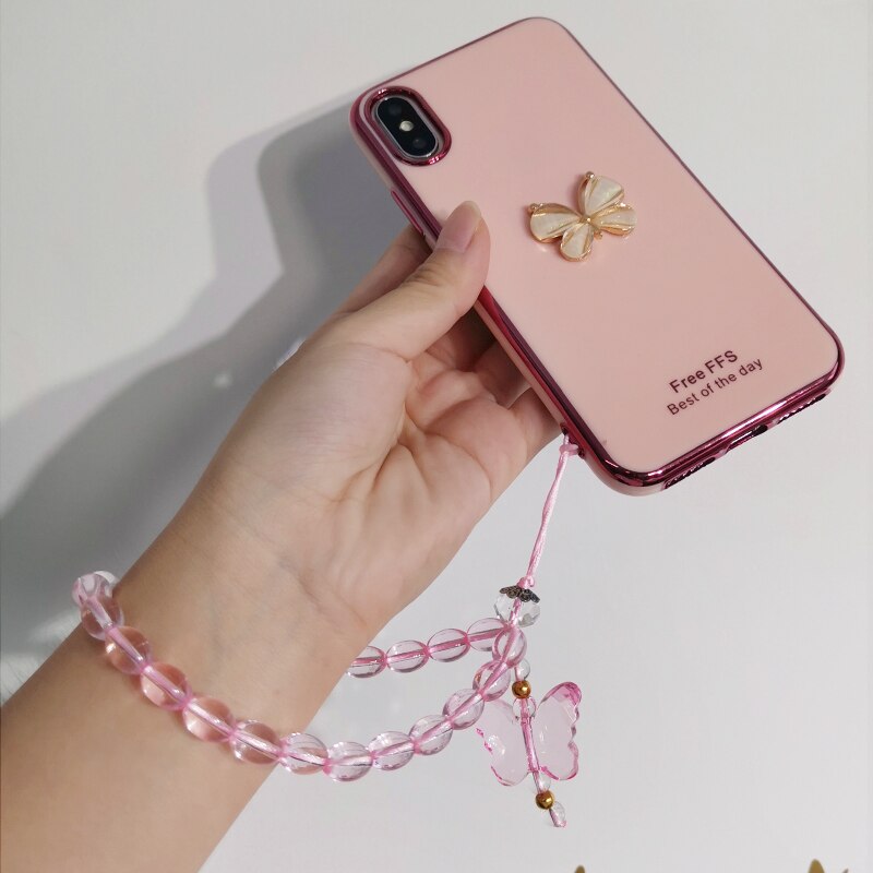 Crystal Bead Butterfly Mobile Phone Chain Cellphone Strap Anti-lost Lanyard For Women Summer Wrist Jewelry