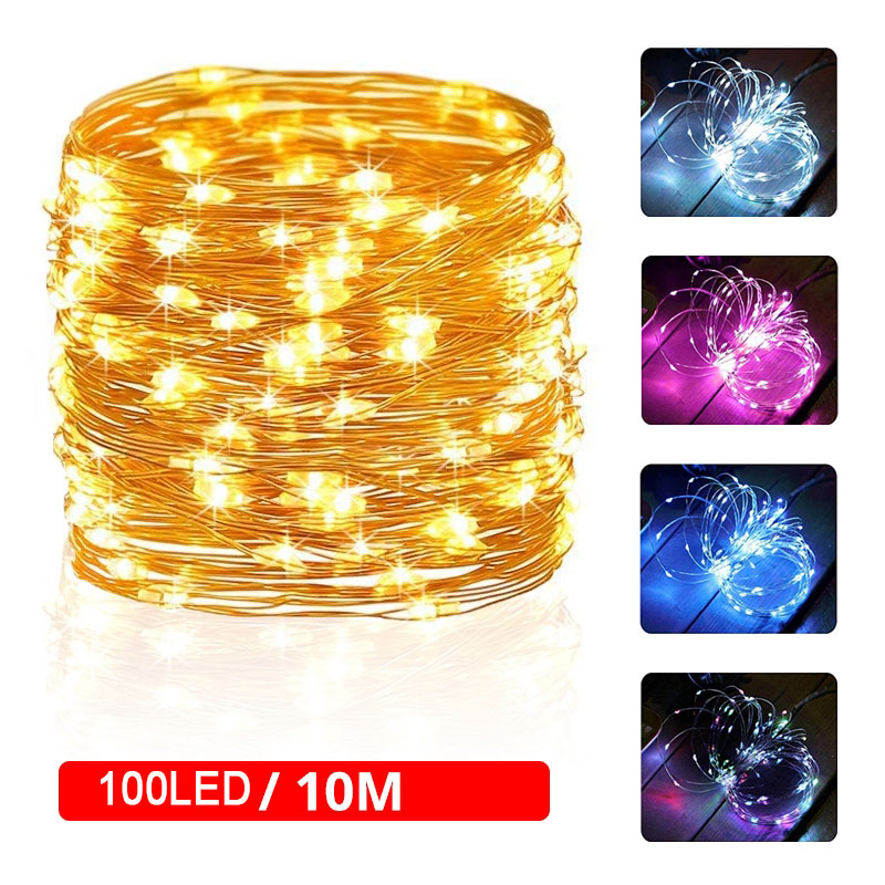 Guirlande lumineuse à piles, 10M 100 LED, fil de cuivre Transparent, Micro LED, pour fête de noël, fête de mariage, extérieur