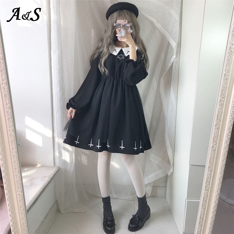 Vestido gótico de Lolita con estampado de Cruz para mujer, ropa de , conjunto de lolita, estilo de estrella, de tul, ropa de calle
