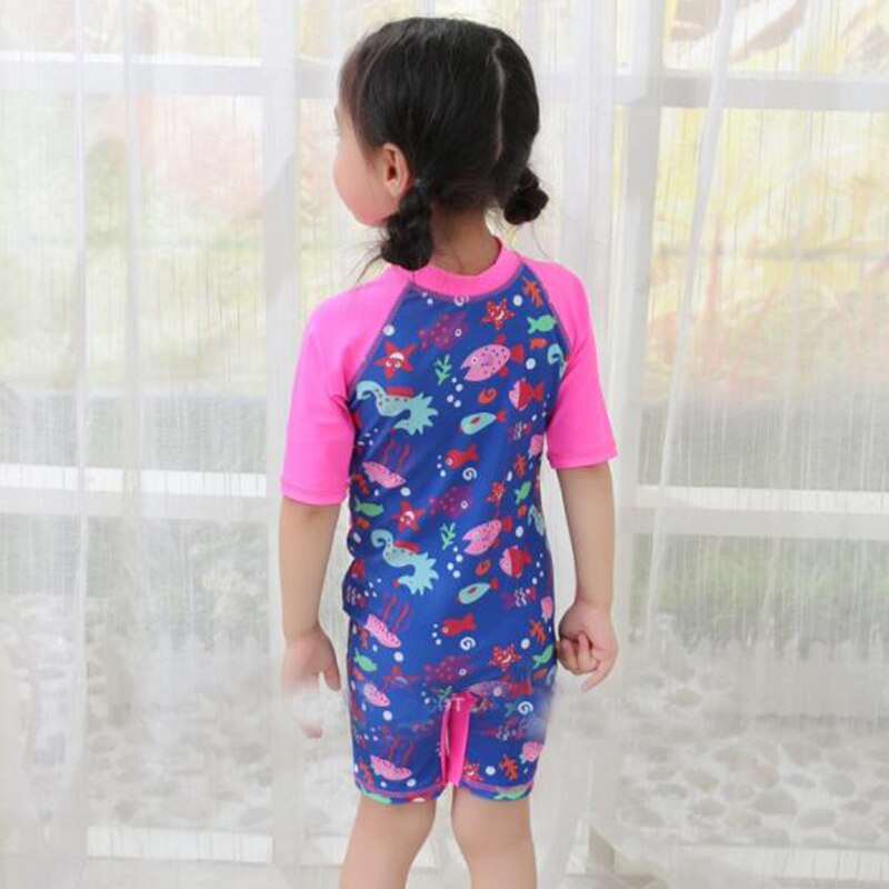 Colorful Childhood Baby Girl Swimwear Rose Red Jumpsuit Swimsuit Half Sleeve 2PCS Kids Colorful Fish One Piece Swimsuit 3-7 Yrs