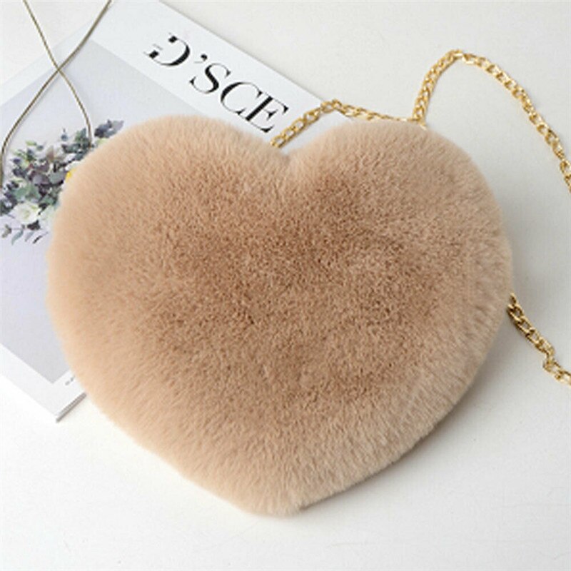 Borsa a forma di cuore da donna borsa a tracolla a catena femminile di moda borsa a tracolla a spalla in peluche amore regalo di san valentino: Khaki