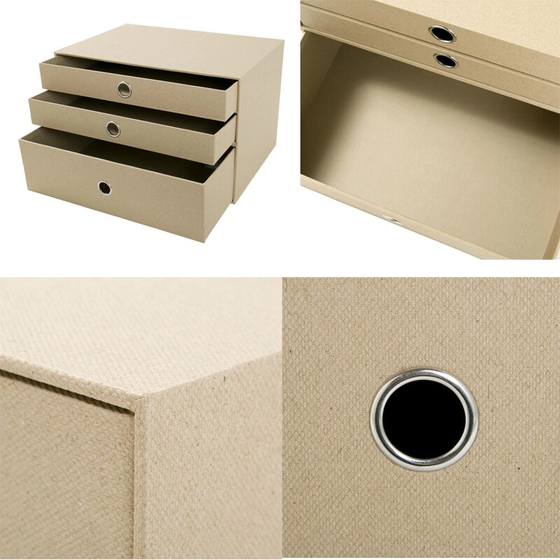 3 Lagen Kast Cardboads Bureau Top Organizer Home Storage 3 Laden Kast Beige Faux Linnen Natrual Hout Papier (2 Stuks)