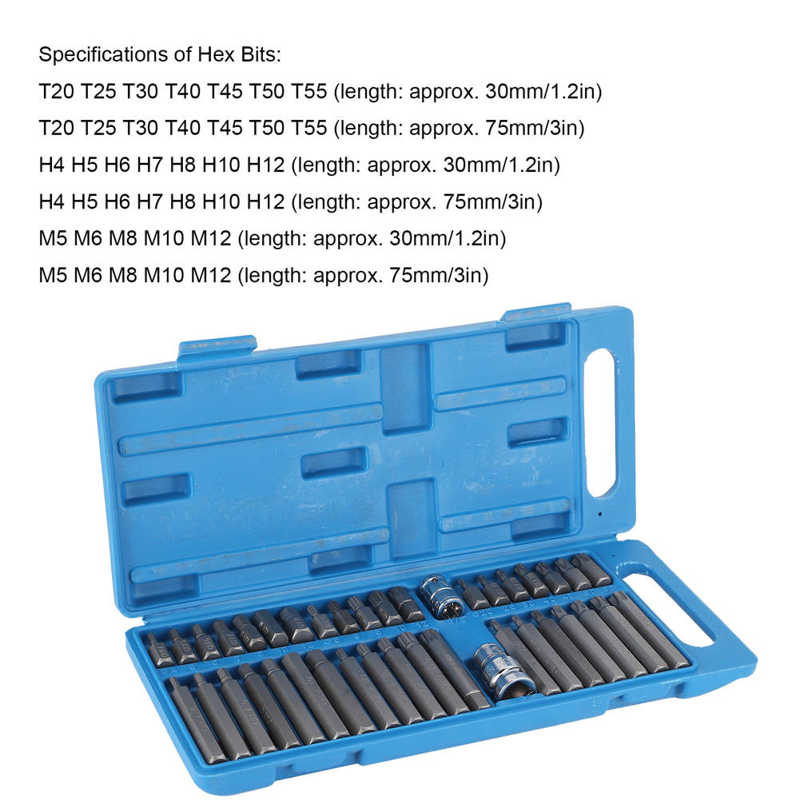 40pcs Star Spline Hex Socket Bit 1/2in 3/8in Square Drive with Blue Toolbox Hand Tool for Automobile Repairing Steel