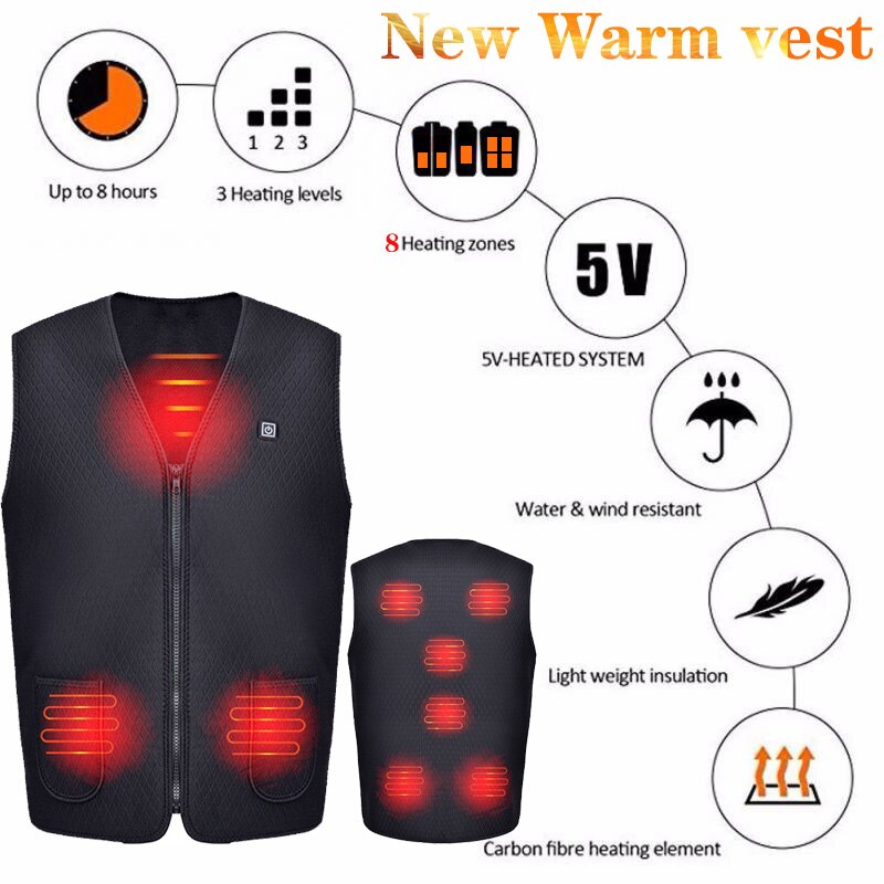 Mænd kvinder udendørs usb 8 steder infrarød opvarmning vest jakke vinter fleksibel elektrisk termisk tøj vest fiskeri vandring 8