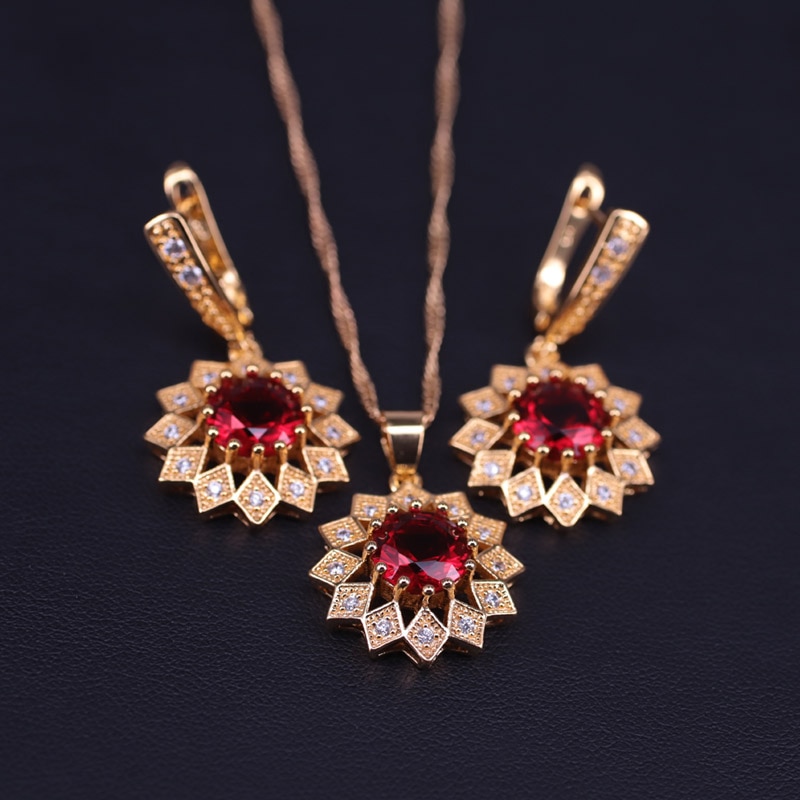 Solros röd sten guld färg kostym smycken set för kvinnor örhängen halsband set i butik: Röd
