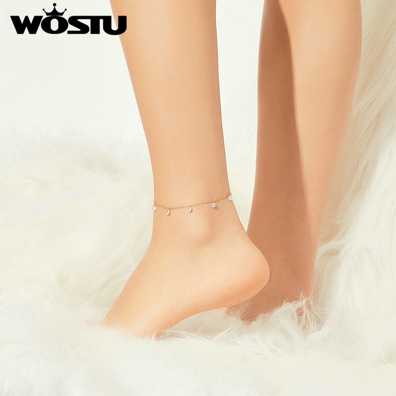 WOSTU Thin 925 sterling Shiny Chains Anklet For Women Girls Friend Foot Jewelry Leg Bracelet Tobillera de Prata