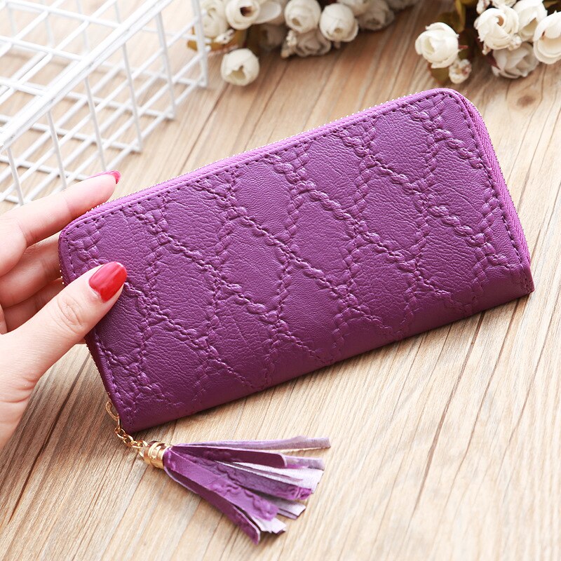 Vrouwen portemonnee met kwastjes, lange clutch, grote capaciteit, portemonnees met ruitvormige rits, damesportemonnee, telefoonvakje, kaarthouder, carteras: Paars