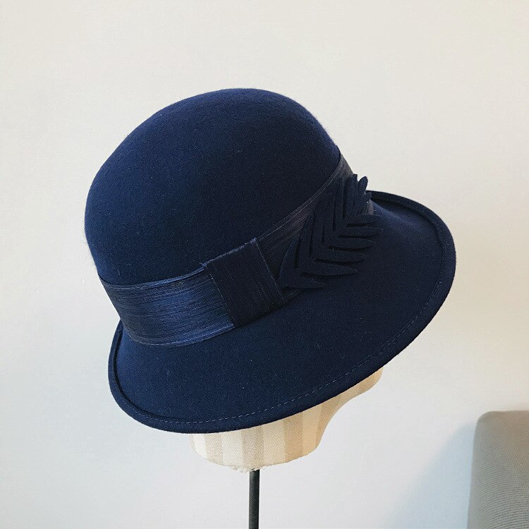 Vinter dam hattar rund fedorahatt för kvinnor uppåtgående brätte band blad klocka kyrka bröllop bowler hatt retro ull hattar: Marinblå